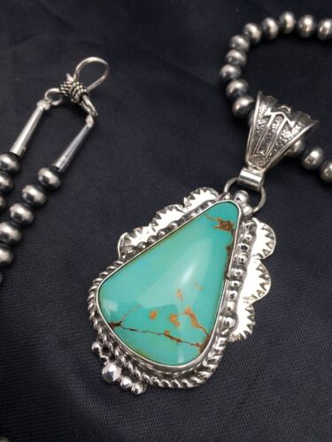 Men's Royston Turquoise Pendant | Sterling Silver Navajo Pearl Necklace | Authentic Native American Handmade | 2525