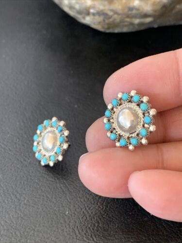 Authentic Native American Zuni Petite Point Turquoise Earrings | Sterling Silver | Handmade | 1609