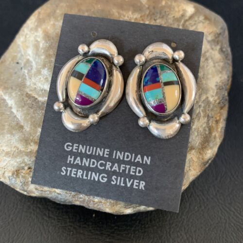 Native American Women's Sterling Silver Blue Turquoise Multi-Color Earrings | Handmade | 13015
