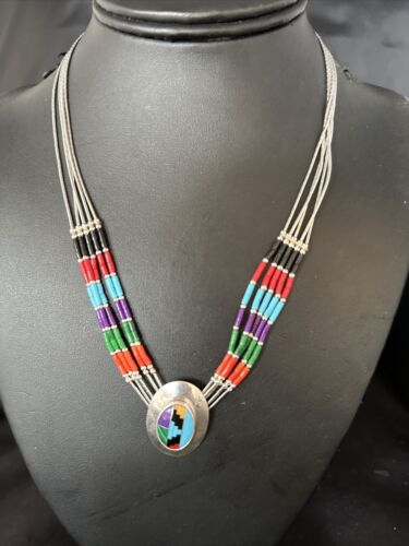 Multi-Color Liquid Silver Heishi 5-Strand Necklace | Sterling Silver Pendant | 14825