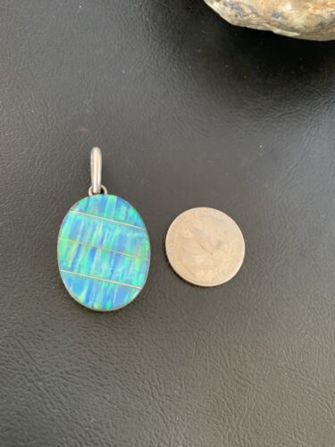 Navajo Blue Opal Inlay Pendant | Sterling Silver | Authentic Native American Handmade | 13142