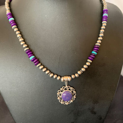 Women's Navajo Blue Turquoise Purple Sugilite Pendant Necklace | Sterling Silver | Native American Handmade | 12621