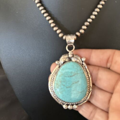 Navajo Blue Turquoise #8 Pendant Necklace | Sterling Silver | Authentic Native American Handmade | 14311