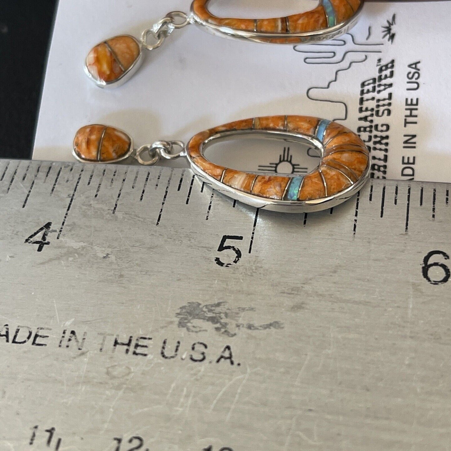 Navajo Sterling Silver Opal Orange Spiny Oyster Inlay Dangle Earrings | Authentic Native American Handmade | 1545 - Masha USA
