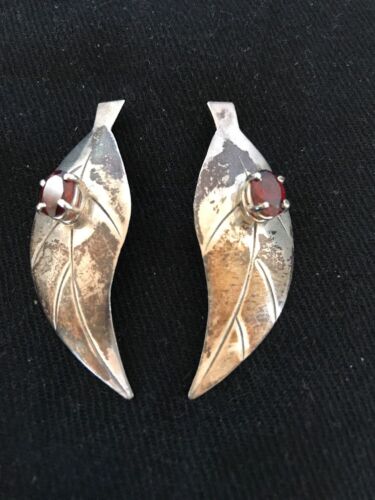 Handmade Feather Garnet Earrings | Old Pawn Sterling Silver | 2" | 13064 - Masha USA