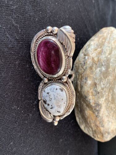 Navajo White Buffalo Turquoise & Spiny Oyster Multi-Stone Ring | Authentic Native American Sterling Silver | Sz 9 | 307