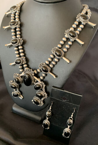 Navajo Pearls Black Onyx Squash Blossom Necklace | Sterling Silver | Authentic Native American Handmade | 12724