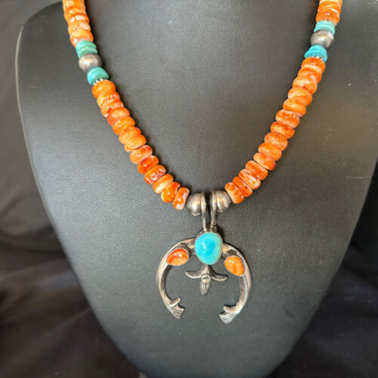 Navajo Blue Turquoise Spiny Oyster Naja Pendant Necklace | Sterling Silver | 18" | Authentic Native American Handmade | 14810 - Masha USA
