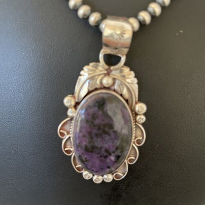 Native American Men's Necklace | Sterling Silver Navajo Pearls with Sugilite Pendant | 1523 - Masha USA