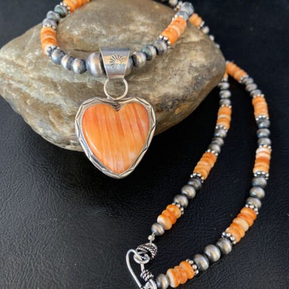 Navajo Orange Heart Spiny Oyster Pendant | Sterling Silver Necklace | Authentic Native American Handmade | 13946