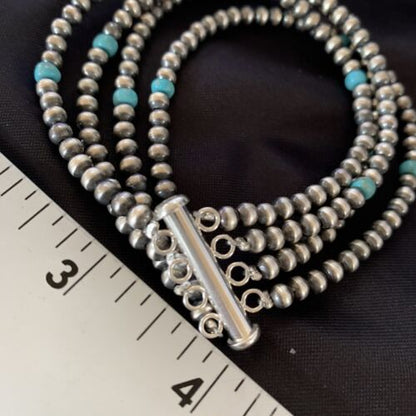 Navajo Pearls Blue Turquoise Bracelet | Sterling Silver | 4-Strand | Authentic Native American Handmade | 13148