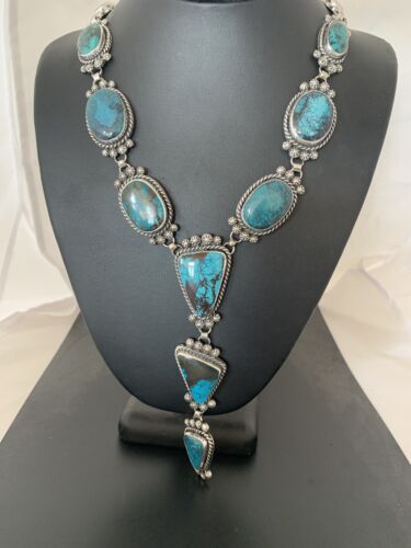 Southwestern Lariat Necklace | Arizona Turquoise | Navajo Sterling Silver | 00699 - Masha USA