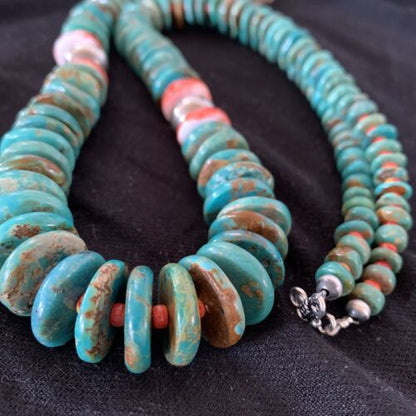Navajo Necklace | Green Turquoise & Spiny Oyster | Sterling Silver | Authentic Native American | 28" Graduated | 01088