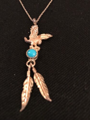 Sterling Silver Navajo Eagle Turquoise Feather Necklace Pendant 2.5" | Southwestern 17.5" | 3257