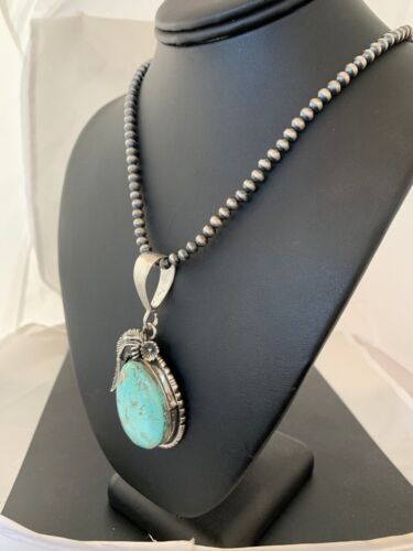 Men's Navajo Pearls | Sterling Silver | Blue Turquoise #8 Necklace & Pendant Set | 13749