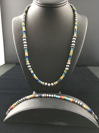 Native American Multi-Color Turquoise Necklace & Bracelet Set | Sterling Silver | 22" | Navajo Handmade | 10039 - Masha USA