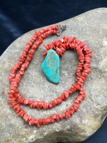Native American Turquoise Coral Pendant Necklace | Brass Old Pawn | 19" | 4006