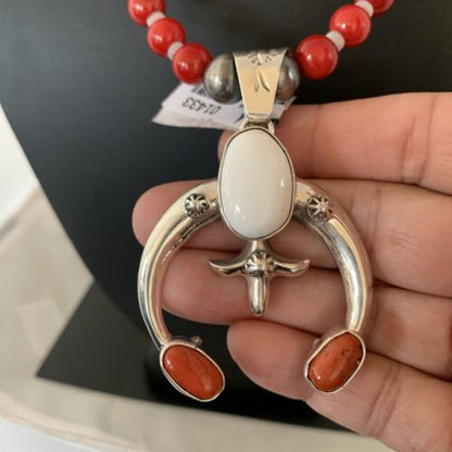 Navajo Sterling Silver Naja Pendant Necklace | White Buffalo Turquoise & Coral | Authentic Native American Handmade | 1433