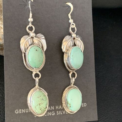 Navajo Green Spiderweb Turquoise Dangle Earrings | Sterling Silver | Authentic Native American Handmade | 13548