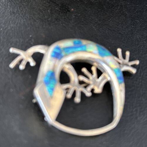 Navajo White Blue Opal Lizard Pin Pendant | Inlay Gecko | Sterling Silver | Authentic Native American Handmade | 14335