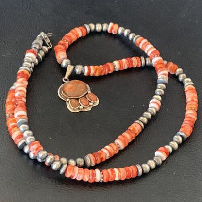 Navajo Pearl Necklace with Red Apple Coral, Spiny Oyster Pendant | Authentic Native American Sterling Silver | Multi-Stone | 12390