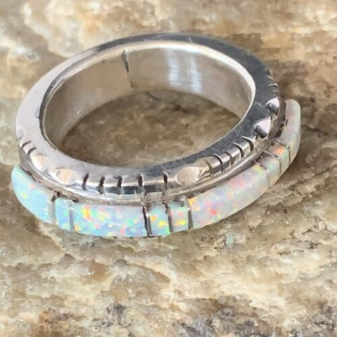 Native Navajo Sterling Silver White Opal Inlay Ring Size 11.5 Yazzie 13534