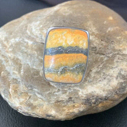 Navajo Bumble Bee Jasper Ring | Sterling Silver | Sz 8 Adjustable | Authentic Native American Handmade | 11540 - Masha USA