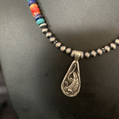 Navajo Multi-Color Turquoise Mother of Pearl Necklace Inlay Pendant | Sterling Silver | 13886