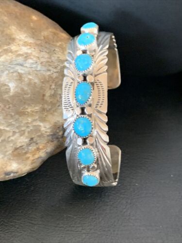Navajo Kingman Turquoise Cuff Bracelet | Sterling Silver | 7 Stone | Authentic Native American Handmade | 12314