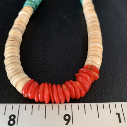 Authentic Native American Santo Domingo Necklace | Shell, Red Coral, Blue Turquoise, Onyx | 22" | 13486