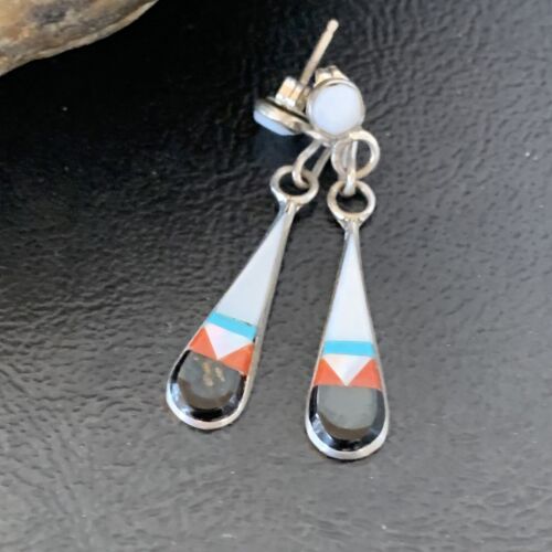 Old Pawn Zuni Multi-Color Turquoise Onyx Inlay Earrings | Sterling Silver | Authentic Native American Handmade | 2043