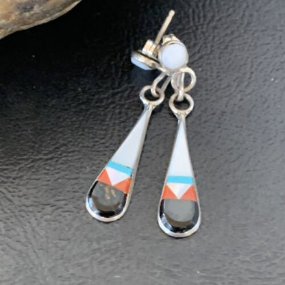 Old Pawn Zuni Multi-Color Turquoise Onyx Inlay Earrings | Sterling Silver | Authentic Native American Handmade | 2043