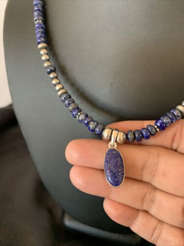 Native American Navajo Blue Lapis Pendant Necklace | Sterling Silver | Authentic Handmade | 12247 - Masha USA