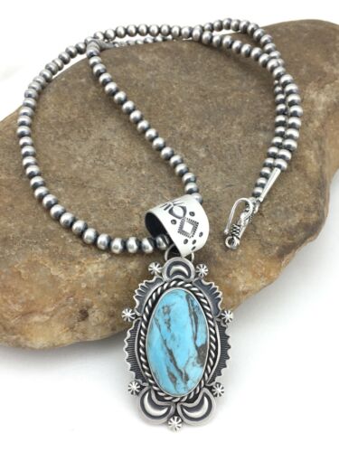 Navajo Blue Turquoise Pendant Necklace | Sterling Silver | 2.75" | Authentic Native American Handmade | 1302