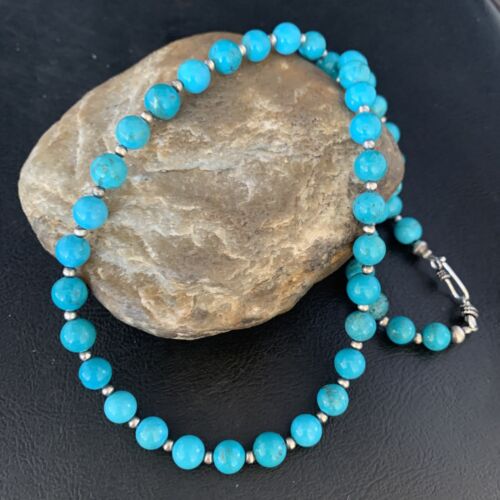 Navajo Blue Turquoise Round Bead Necklace | Sterling Silver | 21" | Authentic Native American Handmade | 13803