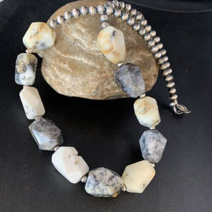 Native American White Opal Bead Necklace | 21mm | Sterling Silver | Navajo Handmade | 21" | 13981