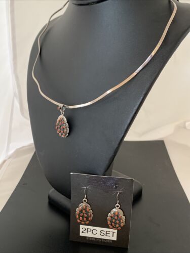 Navajo Sterling Silver Red Coral Cluster Pendant Earrings Set | Authentic Native American Handmade | 02155