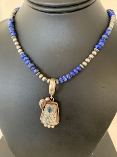 Men's  Navajo Pearls Lapis Azurite Pendant Necklace | Sterling Silver | Authentic Native American Handmade | 01928