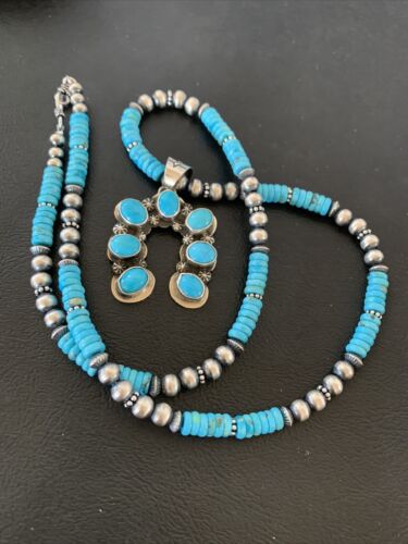 Navajo Blue Turquoise Necklace with Sterling Silver Naja Pendant | Authentic Native American Handmade | 02016