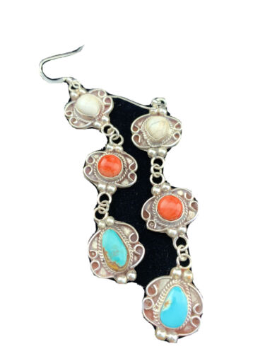 Navajo Spiny, Turquoise & Howlite Dangle Earrings | Sterling Silver | Authentic Native American Handmade | 1614