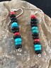 Navajo Sterling Silver Turquoise Onyx Coral Earrings | Southwestern Native American | 8334