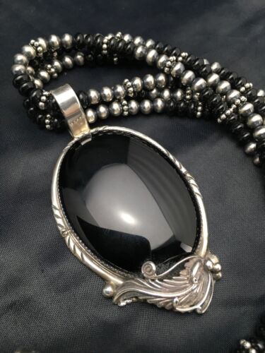 Navajo Pearls Sterling Silver Black Onyx Necklace | 3 Strand Pendant | 23" | Authentic Native American Handmade | 1012
