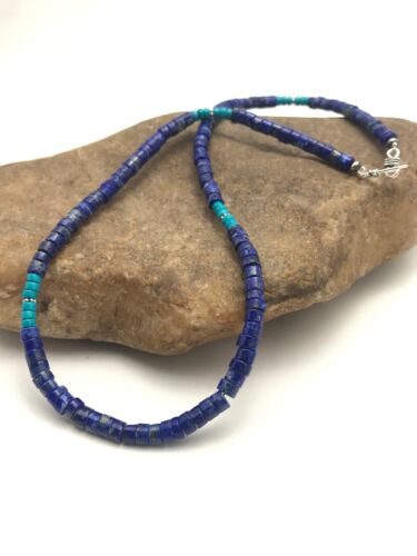 Navajo Lapis & Turquoise Beads Necklace | Sterling Silver | 19" | Authentic Native American Handmade | 3218