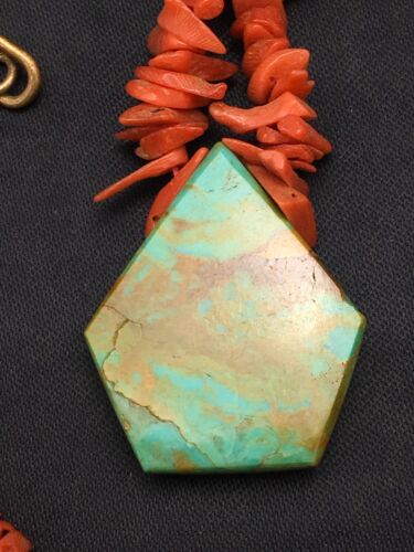Native American Turquoise Coral Pendant Necklace | Brass Old Pawn | 19" | 4002