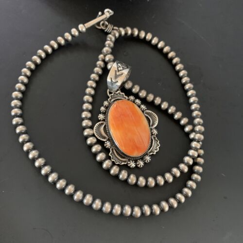 Navajo Pearls Necklace with Orange Spiny Oyster Pendant | Sterling Silver | Authentic Native American Handmade | 11300