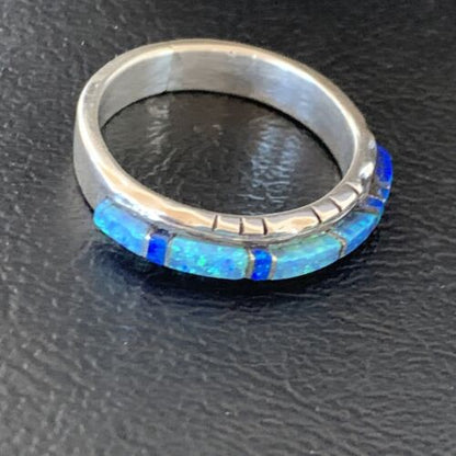 Navajo Blue Opal Inlay Ring | Sterling Silver | Sz 10.5 | Authentic Native American Handmade | Yazzie | 12963