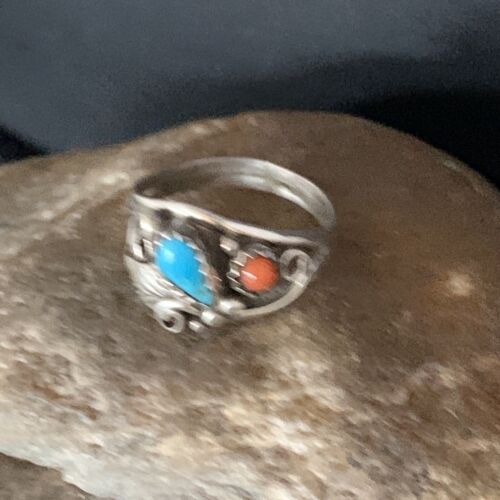 Navajo Blue Kingman Turquoise Coral Ring | Authentic Native American Sterling Silver | Multi-Stone | Sz 6.5 | 13575