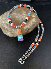 Navajo Multi-Color Turquoise Onyx Inlay Pendant Necklace | Sterling Silver | 13798