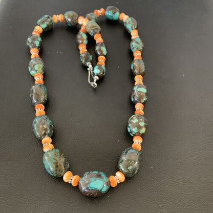 Navajo Green Turquoise & Orange Spiny Oyster Necklace | Sterling Silver | 25" | Authentic Native American Handmade | 1849