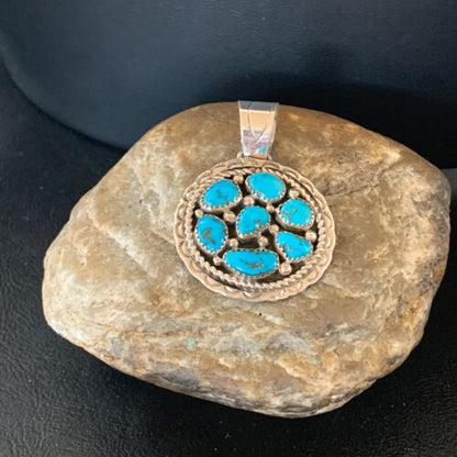 Navajo Blue Kingman Turquoise Cluster Pendant | Authentic Native American Sterling Silver | Multi-Stone | 2" | 02094